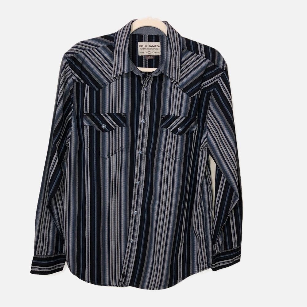 Cody James Mens Size Medium Western Cowboy Shirt Snaps Long Sleeve Blue Striped